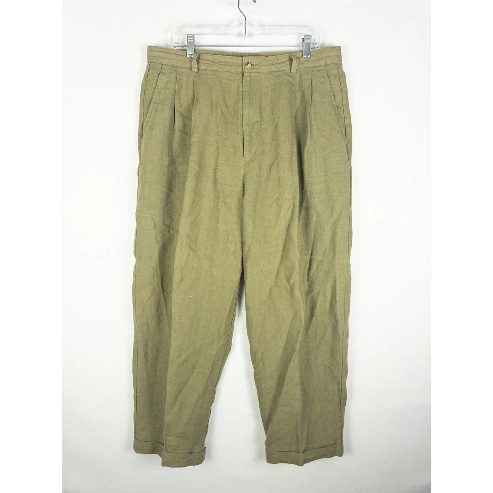 VTG Banana Republic Linen Pleated Trouser Pants Mens 36x32 Olive Green Old Money
